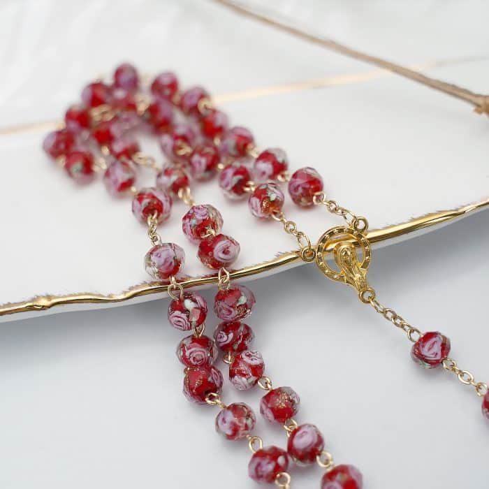 玫瑰念珠-红色琉璃内花原创-8mm珠 Catholic religious art