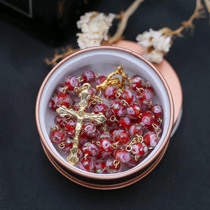 玫瑰念珠-红色琉璃内花原创-8mm珠 Catholic religious art