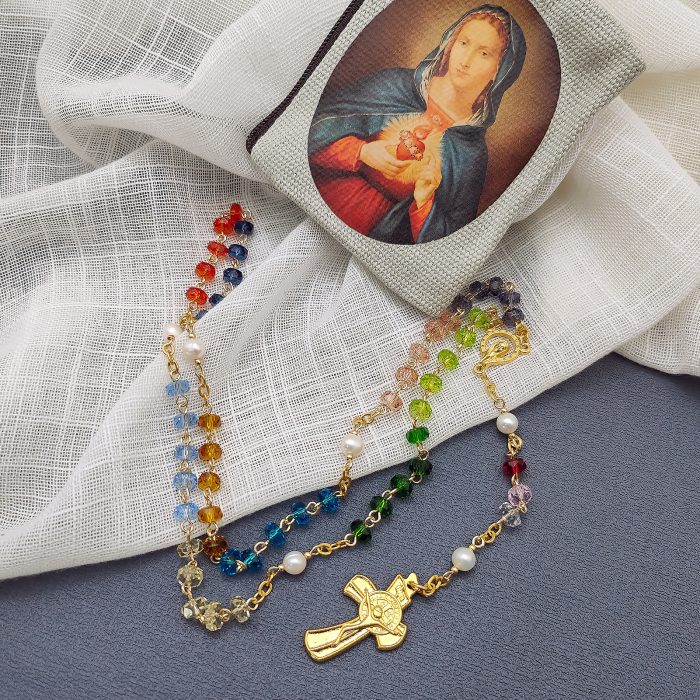 玫瑰念珠-七彩水晶珍珠-链式-0.7cm Catholic religious art