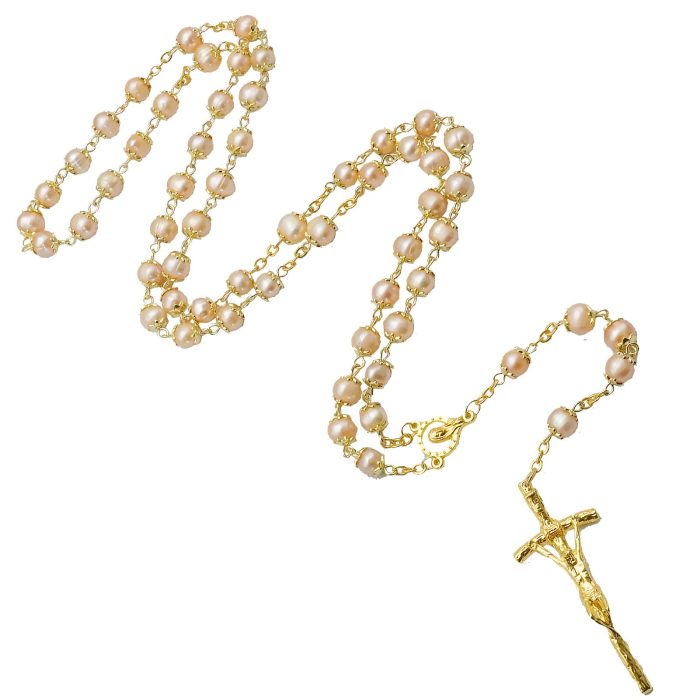 玫瑰念珠-粉珍珠-7~8mm-金色权杖 Catholic religious art