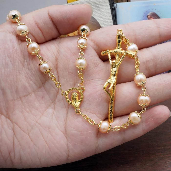 玫瑰念珠-粉珍珠-7~8mm-金色权杖 Catholic religious art