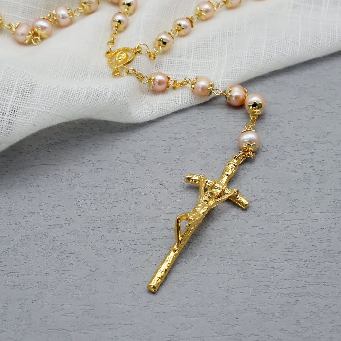 玫瑰念珠-粉珍珠-7~8mm-金色权杖 Catholic religious art