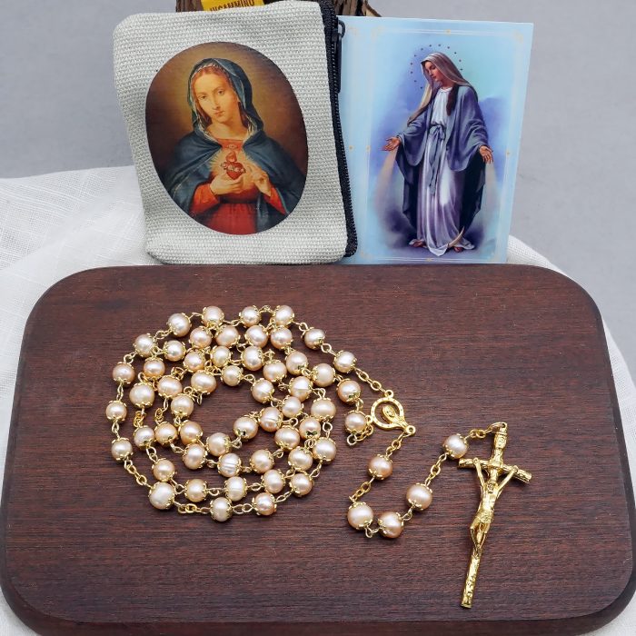 玫瑰念珠-粉珍珠-7~8mm-金色权杖 Catholic religious art