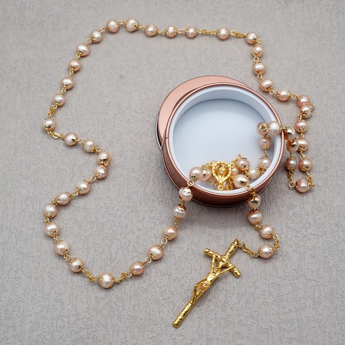 玫瑰念珠-粉珍珠-7~8mm-金色权杖 Catholic religious art