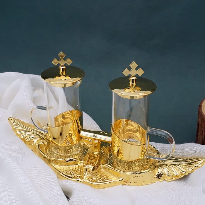 【现货】棕榈叶铜金色托盘酒水壶 24x10 cm – 100 ml Catholic religious art
