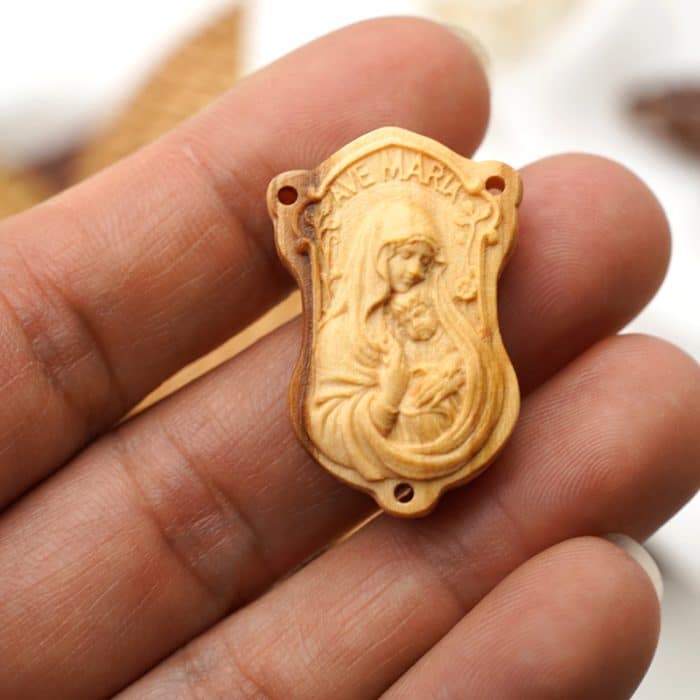 DIY三通-橄榄木-AVE-MARIA圣母抱耶稣-3.0cm Catholic religious art