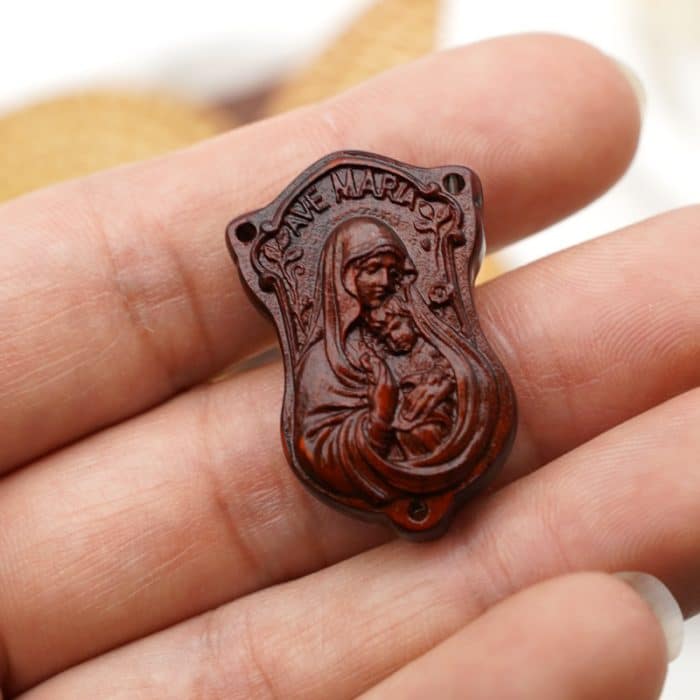 DIY三通-紫檀木-AVE-MARIA圣母抱耶稣-3.0cm Catholic religious art