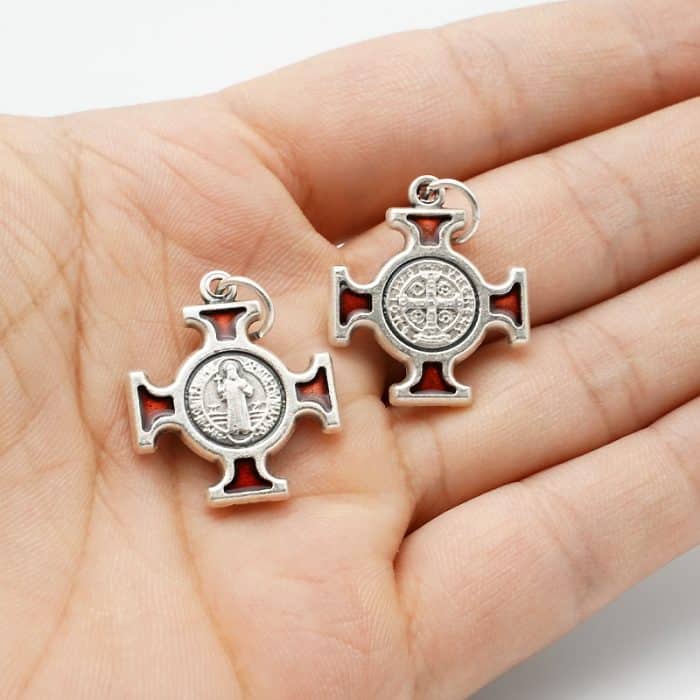 DIY十字架-圣本笃方形+锌合金+红色珐琅-2.0cm Catholic religious art