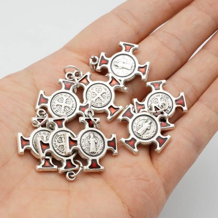 DIY十字架-圣本笃方形+锌合金+红色珐琅-2.0cm Catholic religious art