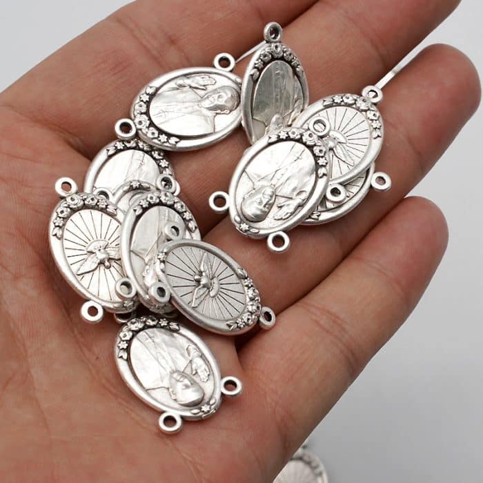 DIY三通-方济各+圣神-椭圆带玫瑰花-锌合金-2.1cm Catholic religious art