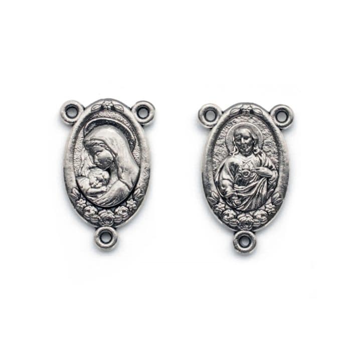 DIY三通-耶稣圣心+圣母抱耶稣-椭圆带玫瑰花-锌合金-2.0cm Catholic religious art