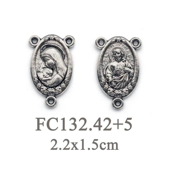 DIY三通-耶稣圣心+圣母抱耶稣-椭圆带玫瑰花-锌合金-2.0cm Catholic religious art