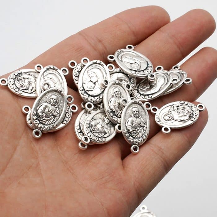 DIY三通-耶稣圣心+圣母抱耶稣-椭圆带玫瑰花-锌合金-2.0cm Catholic religious art