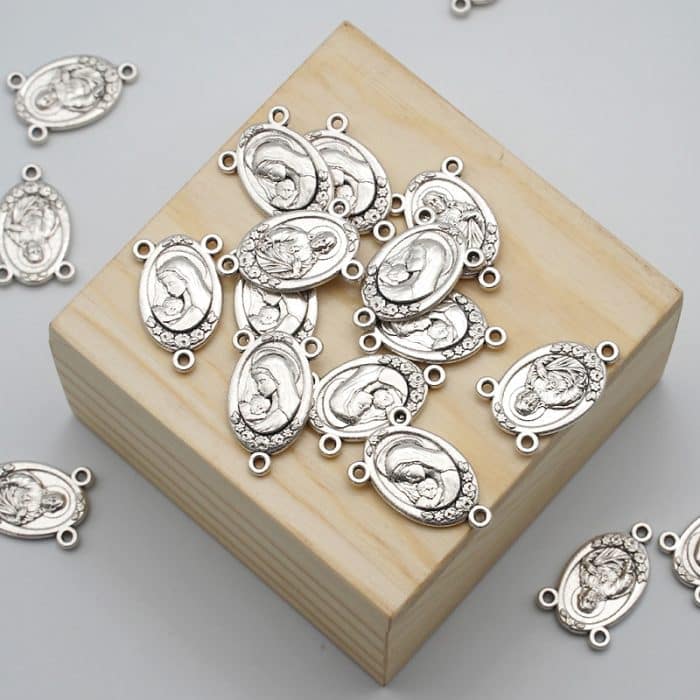 DIY三通-耶稣圣心+圣母抱耶稣-椭圆带玫瑰花-锌合金-2.0cm Catholic religious art