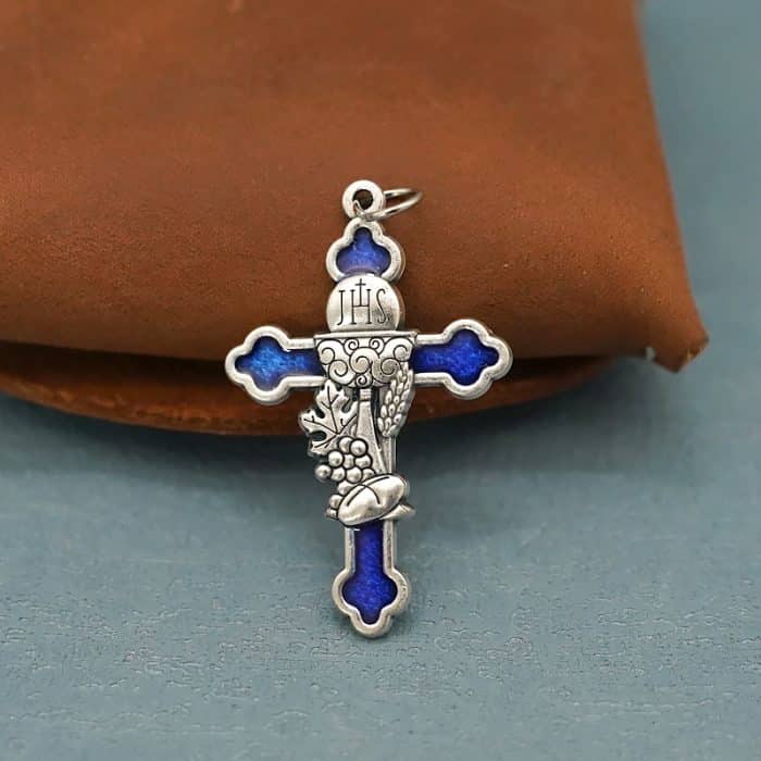 DIY十字架-圣体圣事+锌合金蓝珐琅-3.8x2.6cm Catholic religious art