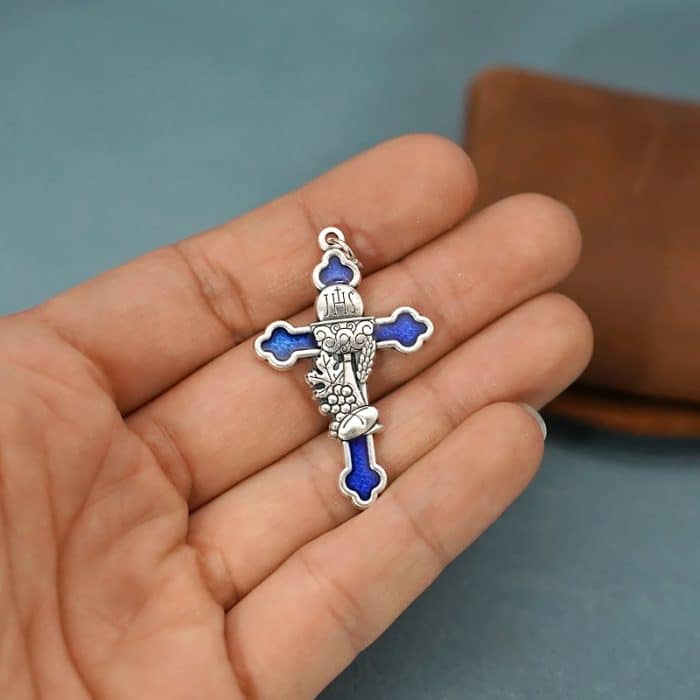 DIY十字架-圣体圣事+锌合金蓝珐琅-3.8x2.6cm Catholic religious art