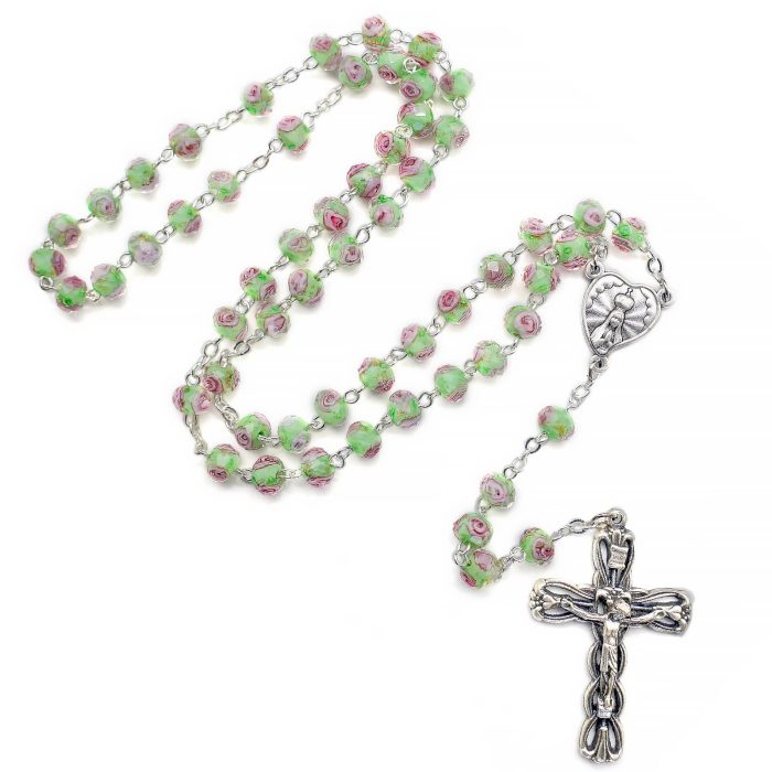 玫瑰念珠-法蒂玛圣母-琉璃花珠原创-5x8mm珠 Catholic religious art