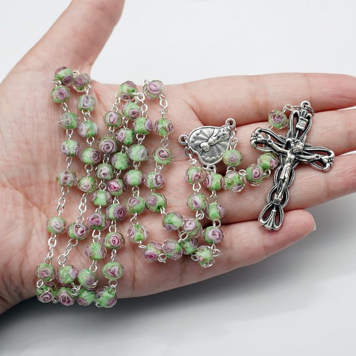 玫瑰念珠-法蒂玛圣母-琉璃花珠原创-5x8mm珠 Catholic religious art