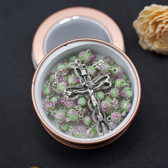 玫瑰念珠-法蒂玛圣母-琉璃花珠原创-5x8mm珠 Catholic religious art