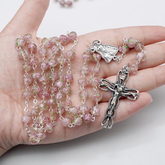 玫瑰念珠-法蒂玛+圣母领报-琉璃花珠原创-5x8mm珠 Catholic religious art