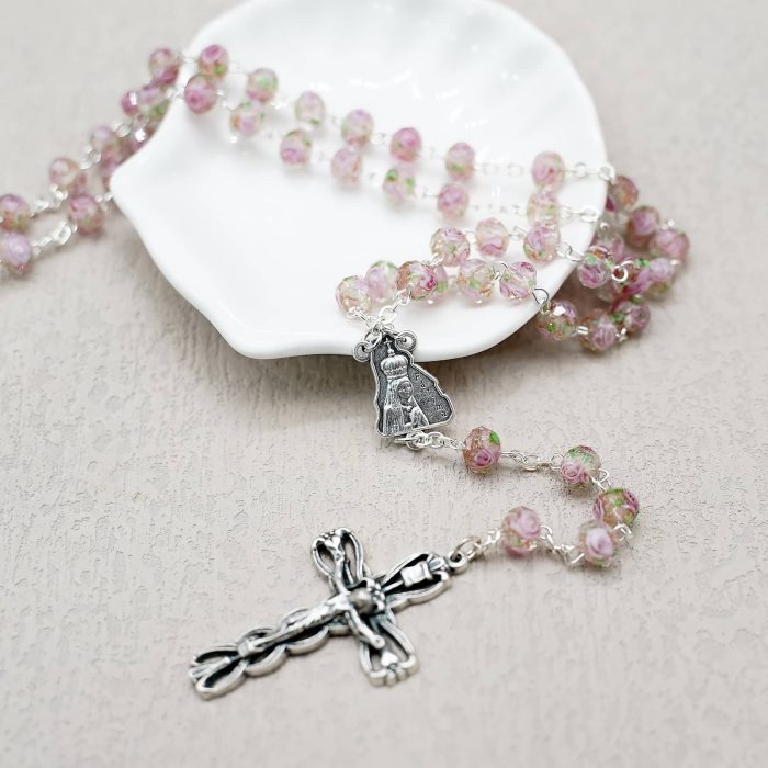 玫瑰念珠-法蒂玛+圣母领报-琉璃花珠原创-5x8mm珠 Catholic religious art