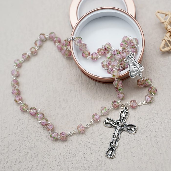 玫瑰念珠-法蒂玛+圣母领报-琉璃花珠原创-5x8mm珠 Catholic religious art