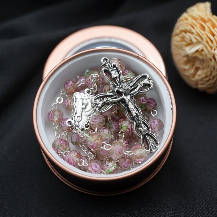 玫瑰念珠-法蒂玛+圣母领报-琉璃花珠原创-5x8mm珠 Catholic religious art