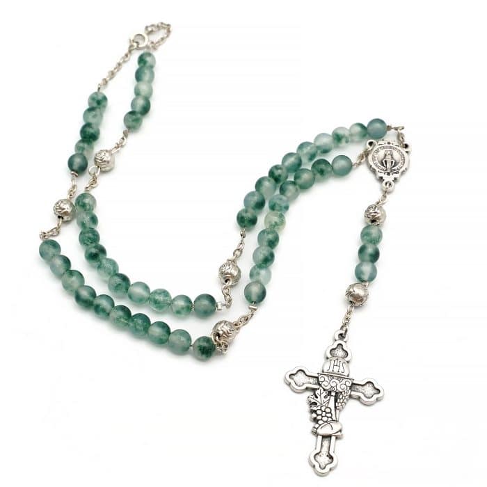 玫瑰念珠-圣母显灵+圣体十字架-水草绿水晶-6mm Catholic religious art