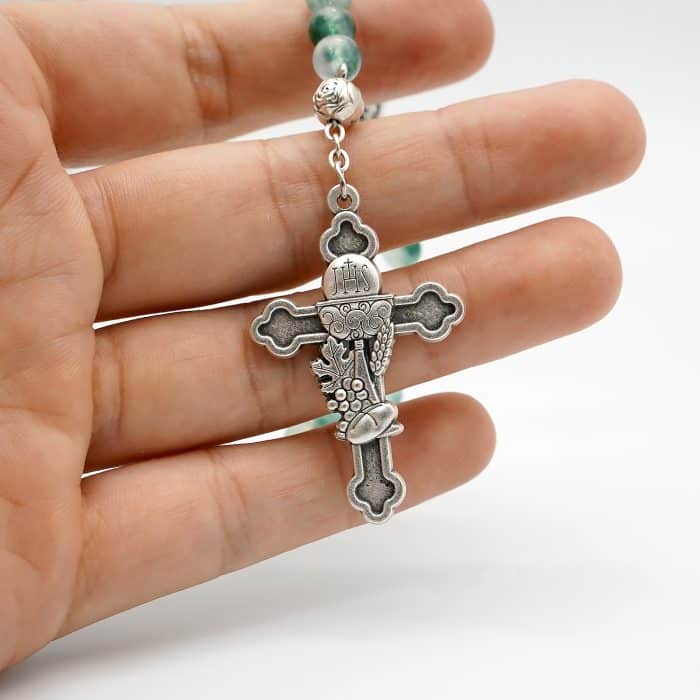 玫瑰念珠-圣母显灵+圣体十字架-水草绿水晶-6mm Catholic religious art