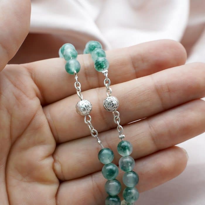 玫瑰念珠-圣母显灵+圣体十字架-水草绿水晶-6mm Catholic religious art