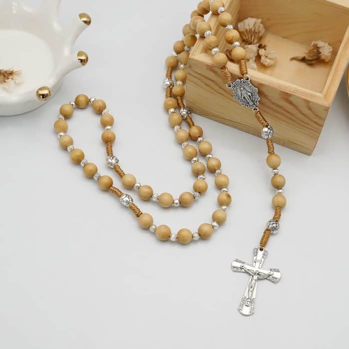 玫瑰念珠-圣母显灵-绳编-禾木珠-8mm Catholic religious art