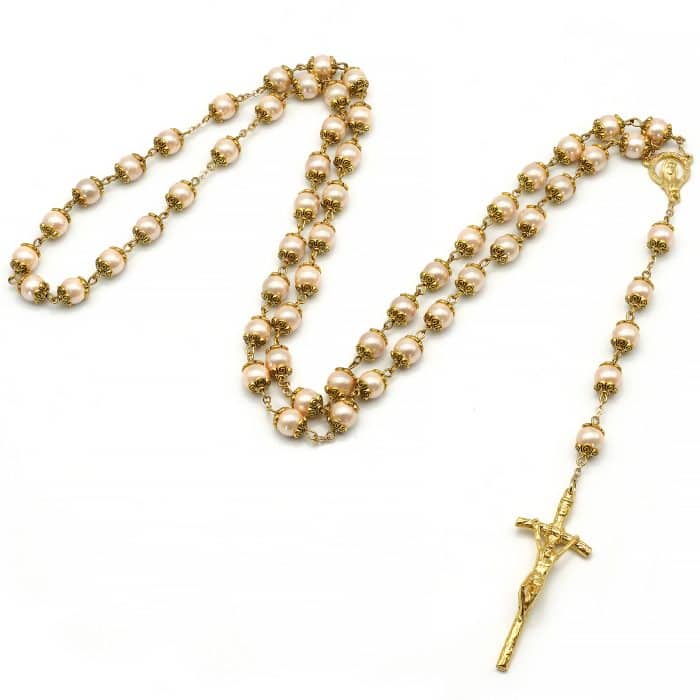 玫瑰念珠-仿珍珠粉色-8mm-金色十字架 Catholic religious art