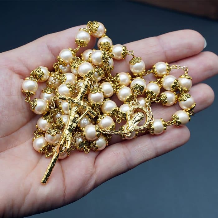 玫瑰念珠-仿珍珠粉色-8mm-金色十字架 Catholic religious art