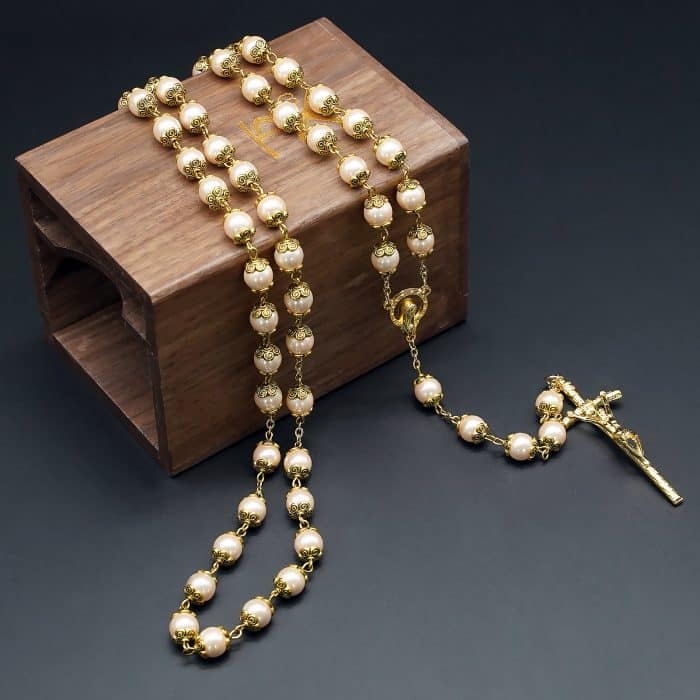 玫瑰念珠-仿珍珠粉色-8mm-金色十字架 Catholic religious art