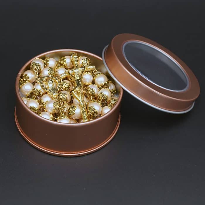 玫瑰念珠-仿珍珠粉色-8mm-金色十字架 Catholic religious art