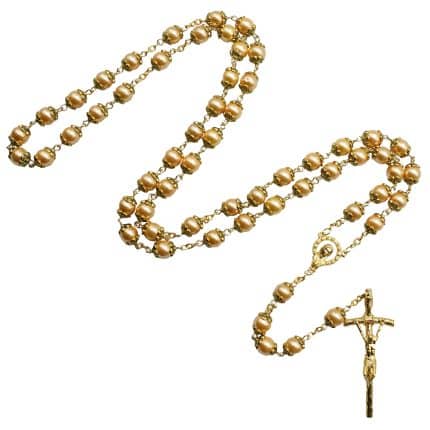 玫瑰念珠-仿珍珠粉色-8mm-金色十字架