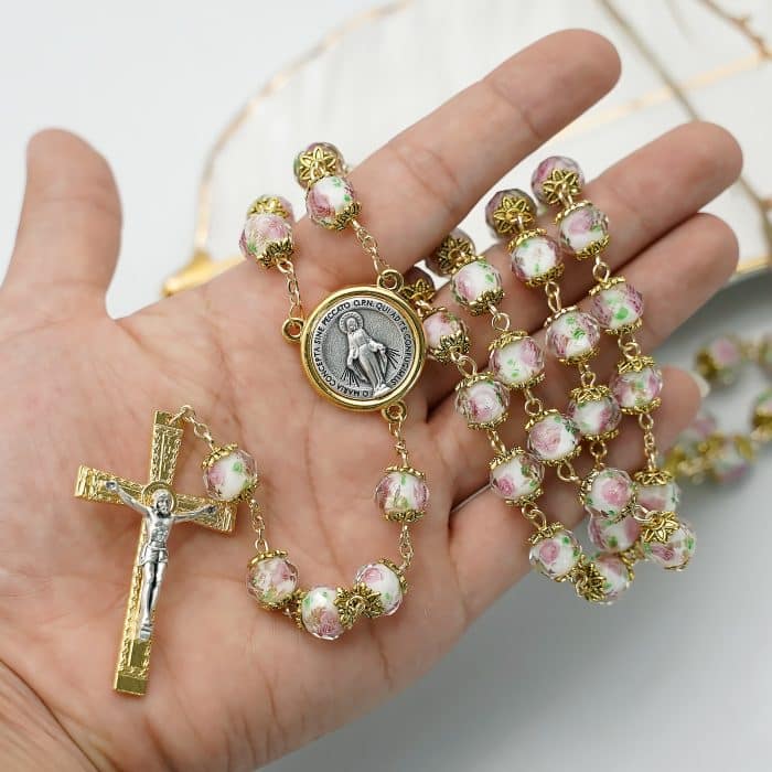 玫瑰念珠-白色琉璃内花金色配件原创-10mm珠 Catholic religious art