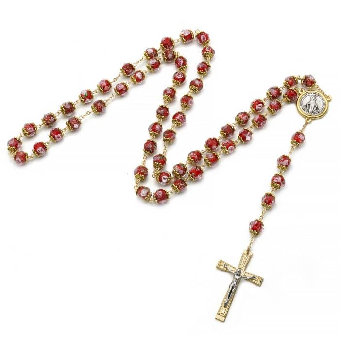 玫瑰念珠-红色琉璃内花金色配件原创-10mm珠 Catholic religious art