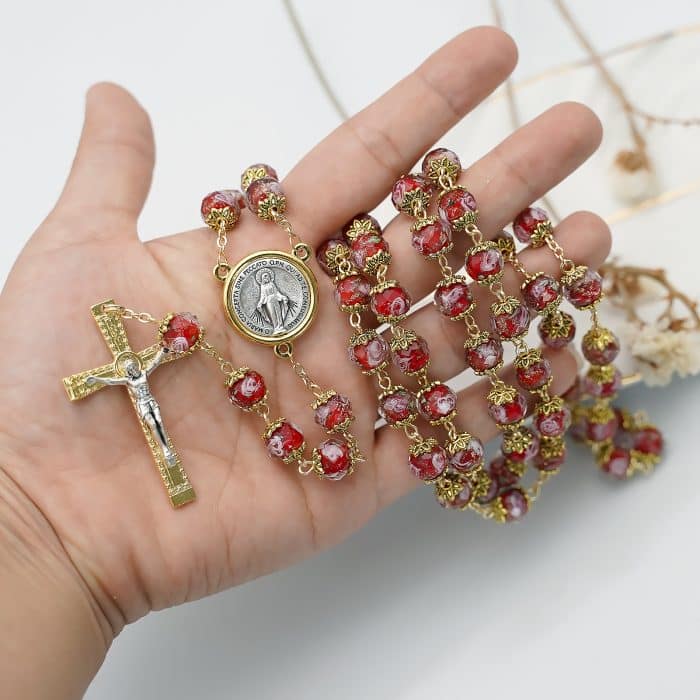 玫瑰念珠-红色琉璃内花金色配件原创-10mm珠 Catholic religious art