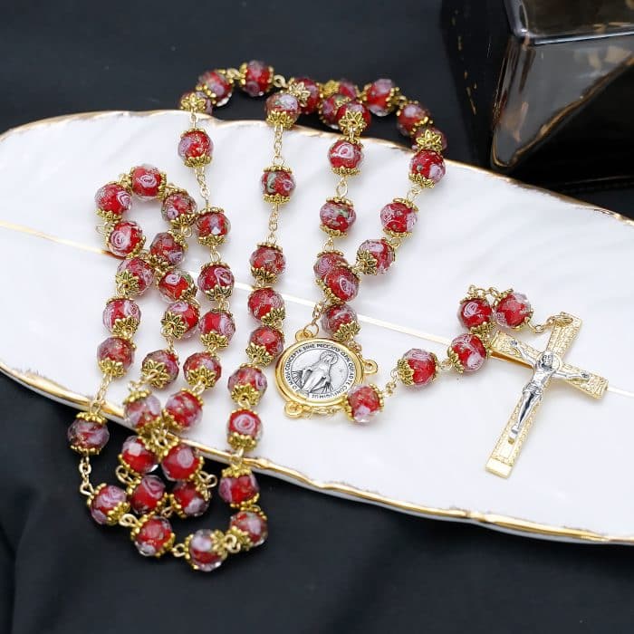 玫瑰念珠-红色琉璃内花金色配件原创-10mm珠 Catholic religious art