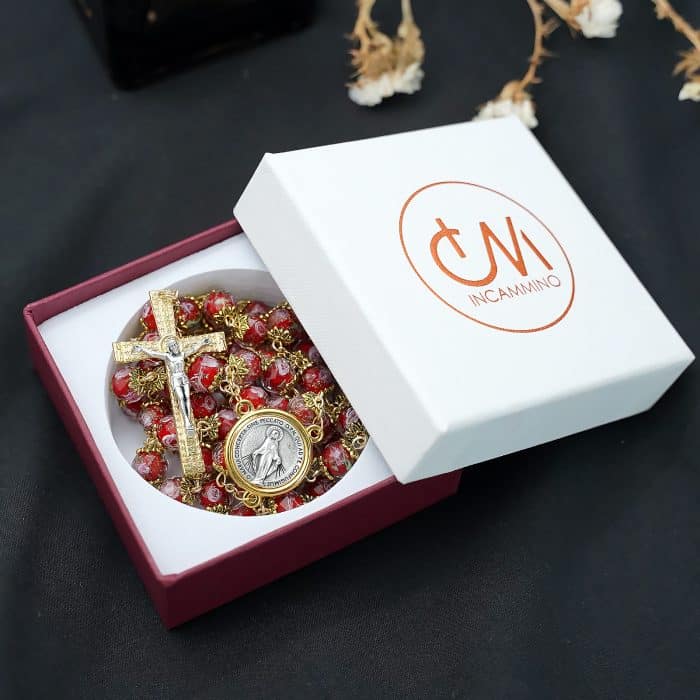 玫瑰念珠-红色琉璃内花金色配件原创-10mm珠 Catholic religious art