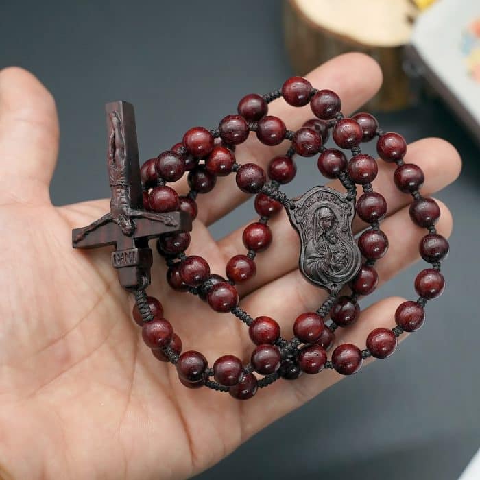 玫瑰念珠-圣母子-紫檀木-8mm-绳编 Catholic religious art