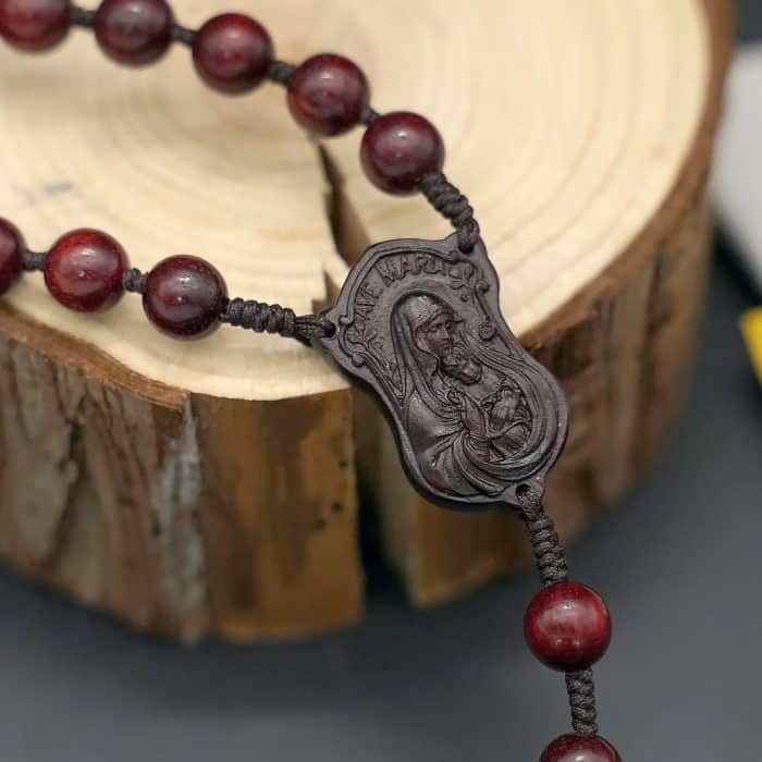 玫瑰念珠-圣母子-紫檀木-8mm-绳编 Catholic religious art