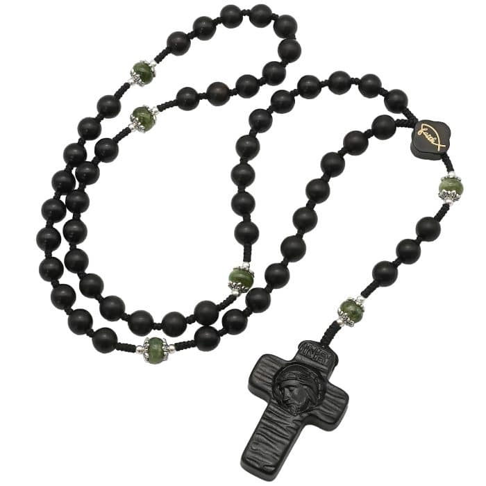 玫瑰念珠-圣母子-黑檀木-8mm-绳编 Catholic religious art