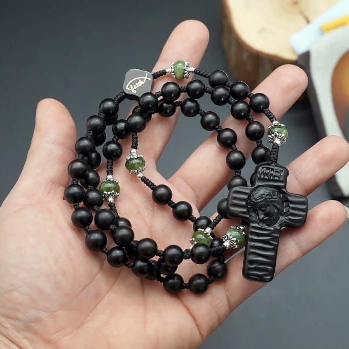 玫瑰念珠-圣母子-黑檀木-8mm-绳编 Catholic religious art