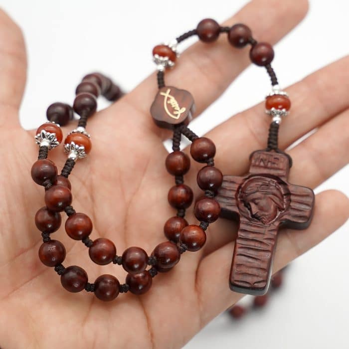 玫瑰念珠-圣母子-紫檀木-8mm-绳编 Catholic religious art