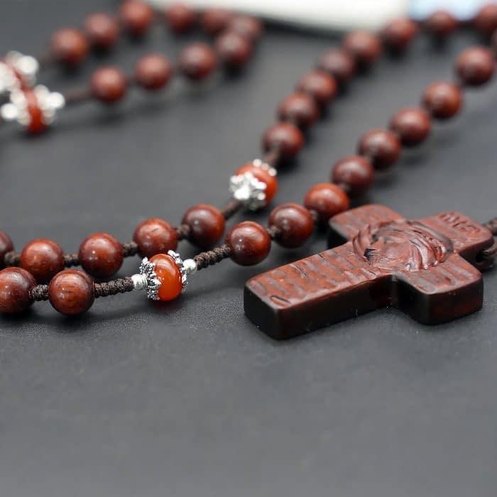 玫瑰念珠-圣母子-紫檀木-8mm-绳编 Catholic religious art