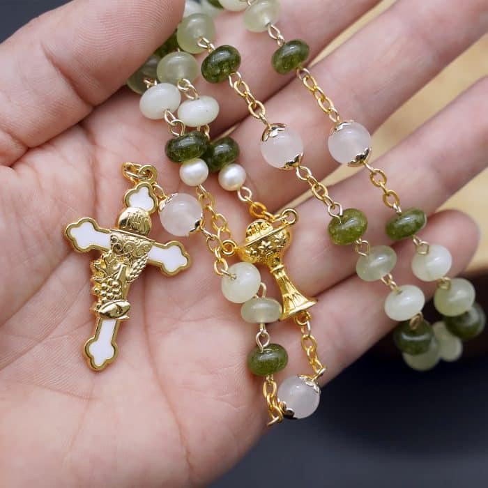 玫瑰念珠-绿色渐变玉髓-圣体-5x8mm-链式 Catholic religious art