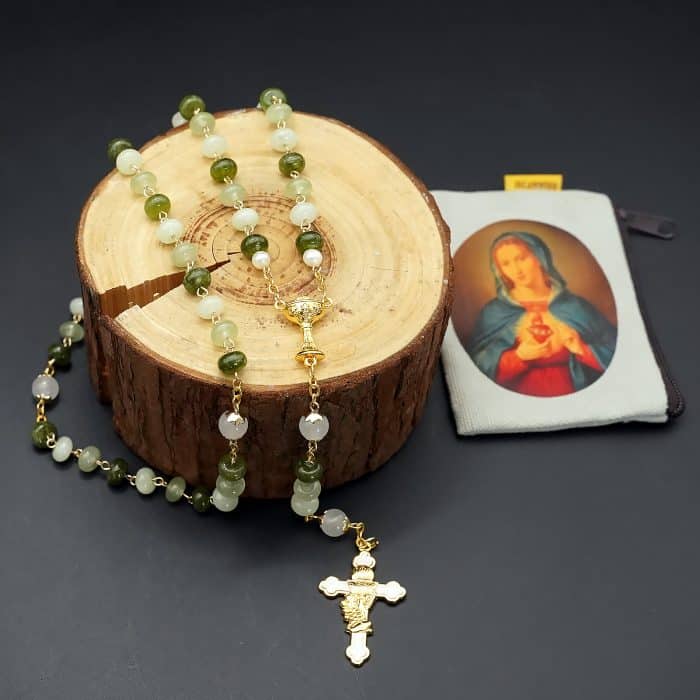 玫瑰念珠-绿色渐变玉髓-圣体-5x8mm-链式 Catholic religious art