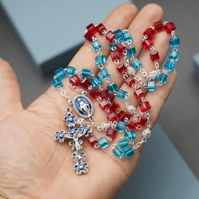 玫瑰念珠-红蓝水晶-6mm-链式-圣母 Catholic religious art